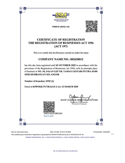 Malaysia certificate of registration Word and PDF template